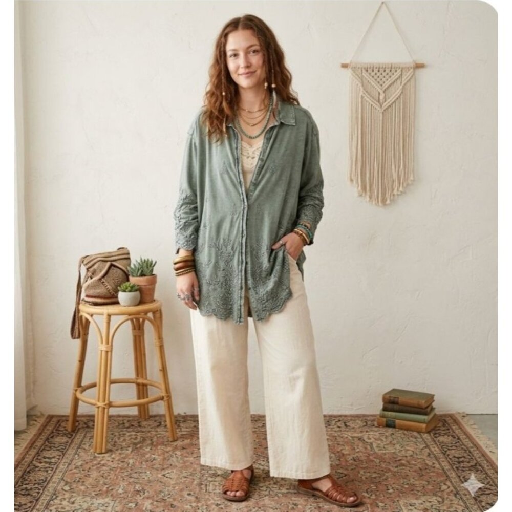 Caite Shirt 3X Olive Green Embroidered Button Down 100% Cotton Handmade Boho